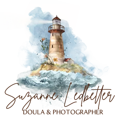 Illustration of a lighthouse on a small, grassy island surrounded by turbulent waves. Pink flowers grow at the base of the lighthouse. The background is a watercolor wash of blue, and the text "Leanne Ledbetter" appears at the bottom.