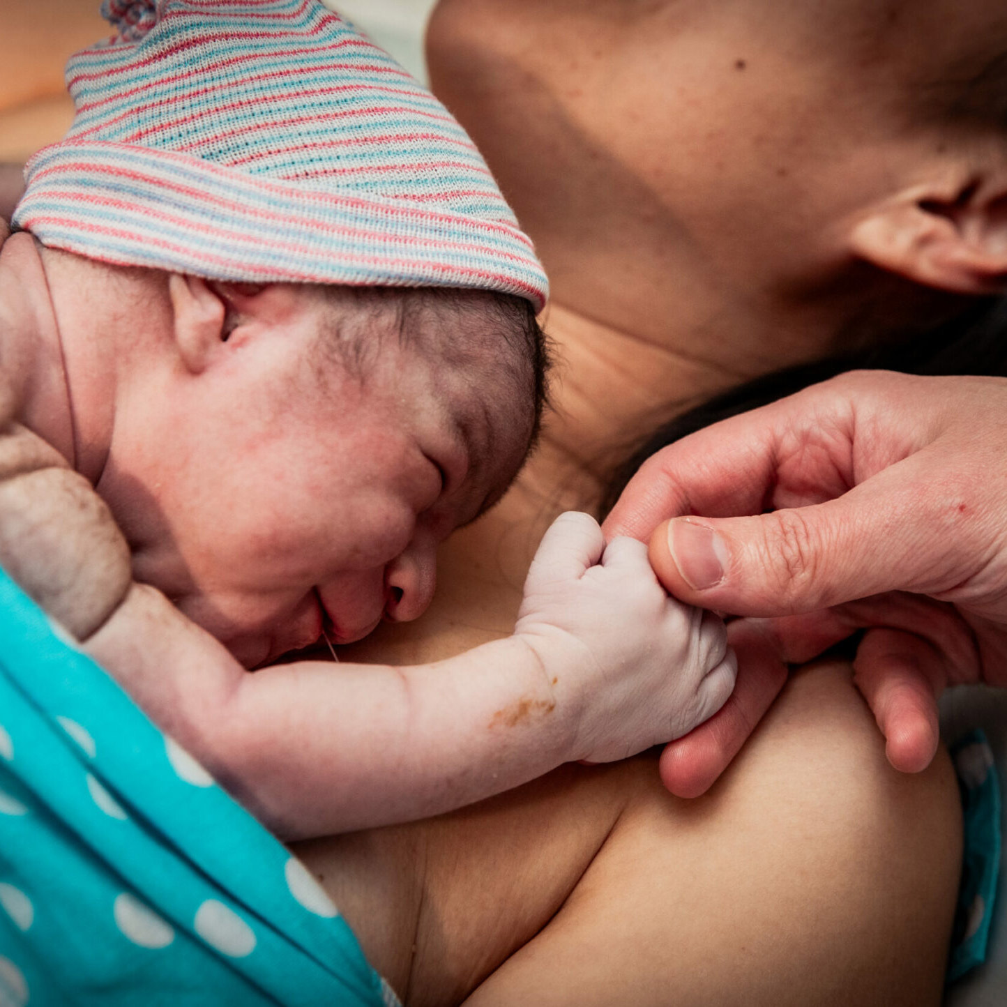 A newborn baby's hand gripping an adult's finger, with a polka-dot garment visible.